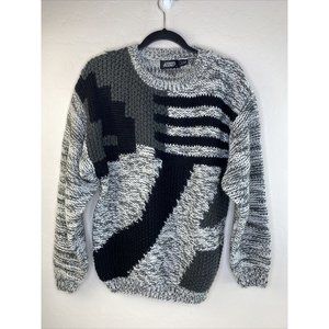 Vintage 80s Street Scenes Black Gray Knit Sweater Geometric Chunky Boxy Small